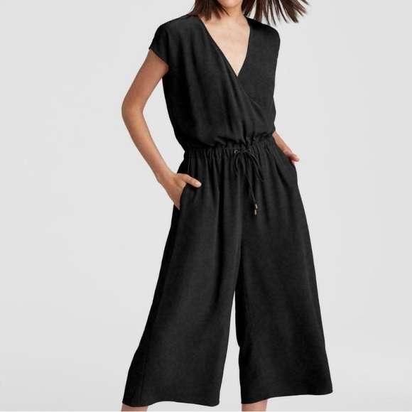 EILEEN FISHER Tencel Crepe Wide Leg Crop Cap Sleeve Jumpsuit Black - Picture 3 of 9